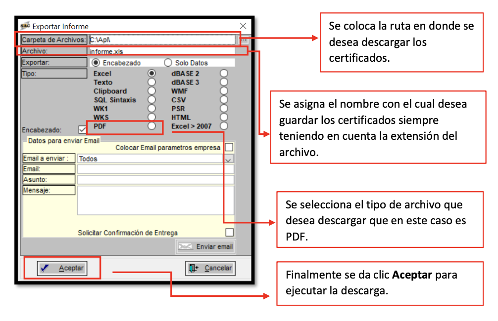 Exportar informe certificado retención SAG