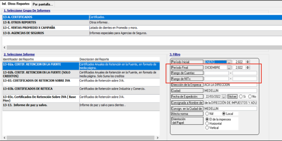 filtro en el certificado de retenciones SAG