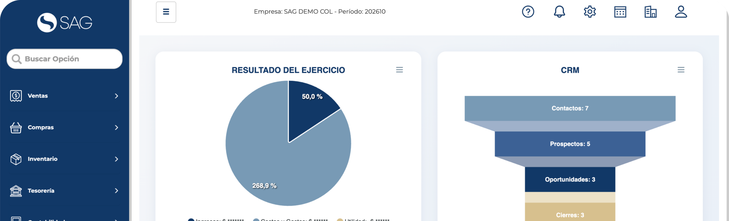 Panel de SAG Web con gráficos de resultado del ejercicio y CRM, y menú de ventas, compras, inventario y tesorería